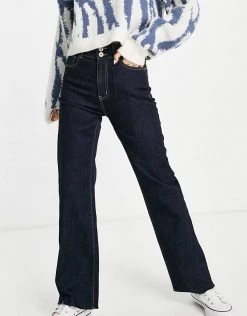 Urban Revivo High Waist Straight Leg Jeans In Dark Blue For Women
