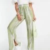 Urban Revivo Tie Dye Plisse Flared Trousers In Green For Women