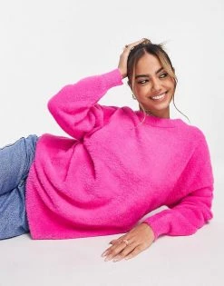 Urban Revivo Fluffy Knitted Jumper In Bright Pink For Women Fuschia