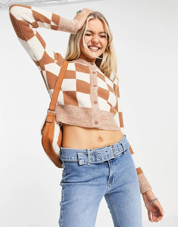 Urban Revivo Checkboard Cardigan In Brown For Women Coffee 3 Urban Revivo Checkboard Cardigan In Brown For Women Coffee