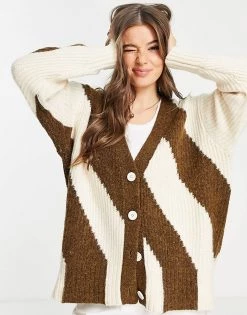 Urban Revivo Oversized Cardgian In Stripe Print For Women Khaki