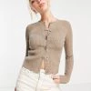 Urban Revivo Fitted Ribbbed Cardigan In Beige For Women