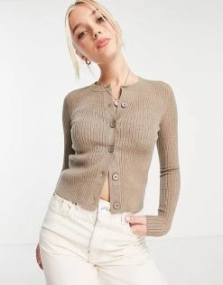Urban Revivo Fitted Ribbbed Cardigan In Beige For Women
