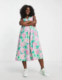 Urban Revivo Trapeze Midi Dress In Pink Floral Print For Women Multi