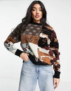 Urban Revivo Patchwork Knitted Jumper In Multi For Women