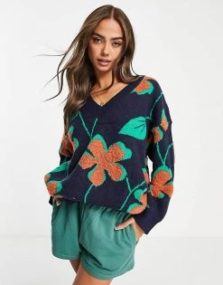 Urban Revivo V Neck Jumper In Large Floral Print For Women Multi-color