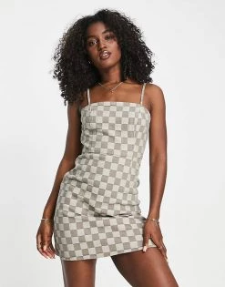Urban Revivo Denim Checked Mini Dress In Beige For Women -Urban Revivo Sales unnamed file 129