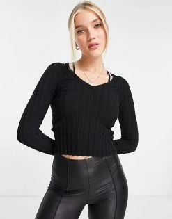 Urban Revivo Long Sleeve Knitted Top In Black For Women