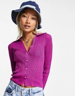 Urban Revivo Knitted Cardigan With Open Collar In Purple For Women