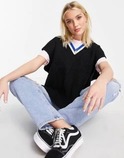 Urban Revivo Varsity Knitted Vest In Blue For Women