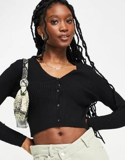 Urban Revivo V Neck Cropped Ribbed Cardigan In Black For Women