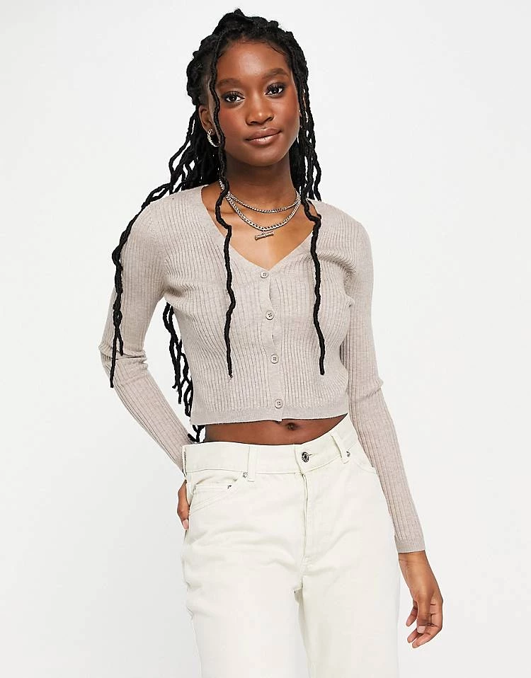 Urban Revivo V Neck Cropped Ribbed Cardigan In Taupe For Women Khaki 5 Urban Revivo V Neck Cropped Ribbed Cardigan In Taupe For Women Khaki - Image 3
