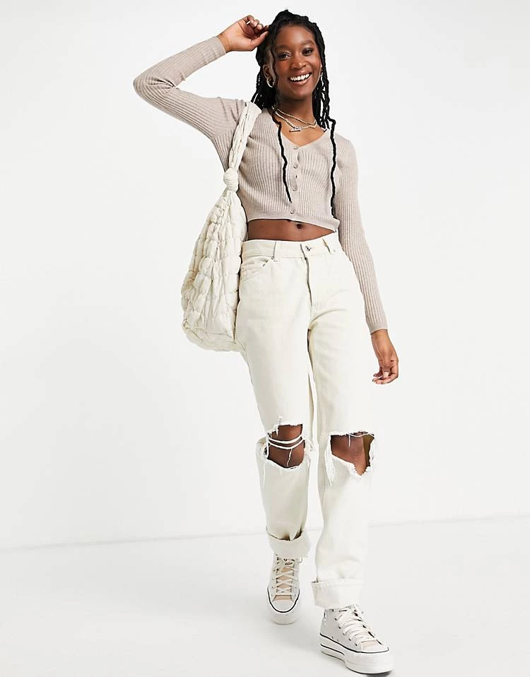 Urban Revivo V Neck Cropped Ribbed Cardigan In Taupe For Women Khaki 6 Urban Revivo V Neck Cropped Ribbed Cardigan In Taupe For Women Khaki - Image 4