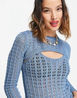 Urban Revivo Cut Out Detail Knitted Jumper In Blue For Women