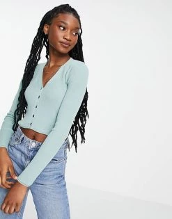 Urban Revivo Ribbed Cardigan In Dusty Green For Women