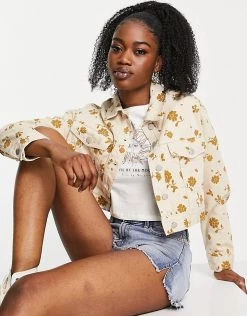 Urban Revivo Denim Jacket In Yellow Floral Print For Women