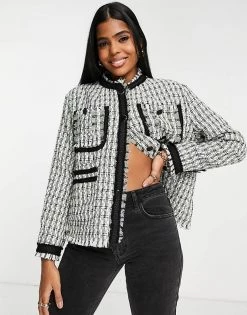 Urban Revivo Check Print Jacket In Black And White For Women White Checkered