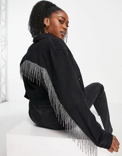 Urban Revivo Denim Jacket With Fringe Detail In Charcoal Grey For Women