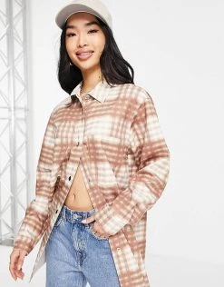 Urban Revivo Check Print Shacket In Khaki For Women