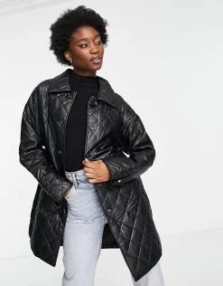 Urban Revivo Faux Leather Quilted Coat With Belt In Black For Women
