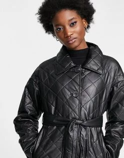 Urban Revivo Faux Leather Quilted Coat With Belt In Black For Women -Urban Revivo Sales unnamed file 1575