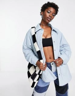 Urban Revivo Quilted Jacket With Collar In Light Blue For Women