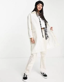 Urban Revivo Quilted Long Jacket With Collar In White For Women