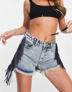 Urban Revivo Fringe Detail Denim Shorts In Blue For Women