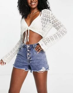 Urban Revivo Raw Hem Shorts With Button Front In Blue For Women -Urban Revivo Sales unnamed file 1730