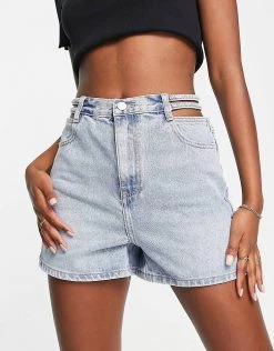 Urban Revivo Cut Out Side Denim Shorts In Blue For Women