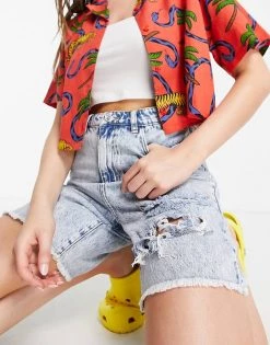 Urban Revivo Denim Shorts With Rips In Light Blue For Women