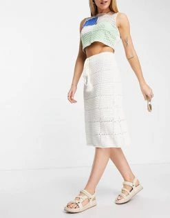 Urban Revivo Stripped Midi Skirt In Off White For Women