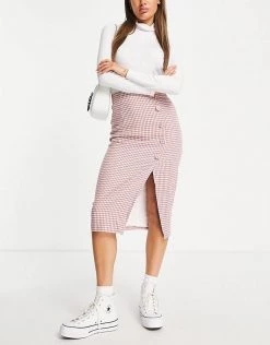 Urban Revivo Check Print Pencil Midi Skirt In Red For Women