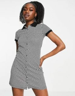 Urban Revivo Polo Neck Mini Dress In Black Check For Women