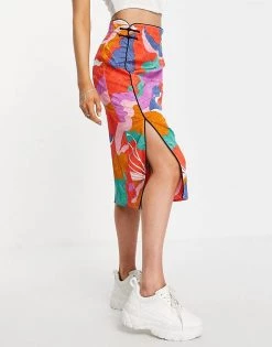 Urban Revivo Midi Skirt With Front Split In Red Print For Women