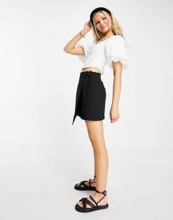 Urban Revivo Wrap Front Mini Skirt With Buckle Detail In Black For Women
