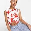 Urban Revivo Co-ord Cropped Shirt In Red Floral Print For Women