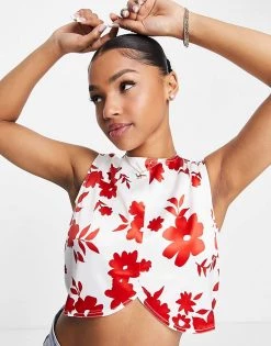 Urban Revivo Co-ord Cropped Shirt In Red Floral Print For Women -Urban Revivo Sales unnamed file 2041