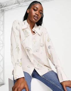 Urban Revivo Shell Print Shirt In Beige For Women