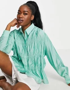 Urban Revivo Ruched Detail Shirt In Light Green For Women