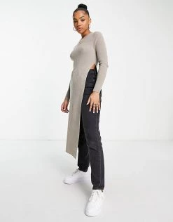 Urban Revivo Knitted Longline Top In Taupe For Women