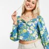 Urban Revivo Floral Print Blouse In Blue For Women