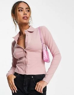 Urban Revivo Polo Neck Long Sleeve Top In Pink For Women