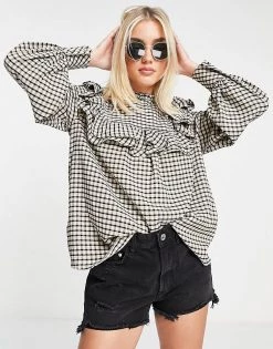 Urban Revivo Frill Detail Blouse In Check Print For Women Yellow Checkered