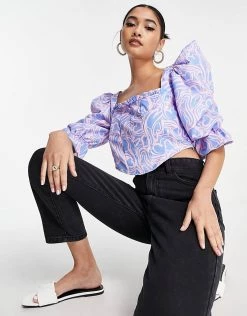 Urban Revivo Square Neck Blouse In Heart Print For Women Lilac