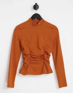 Urban Revivo Ruched Front T-shirt In Camel For Women