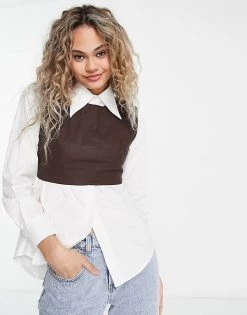 Urban Revivo Quilted Vest In Brown With Under Shirt In White For Women Coffee