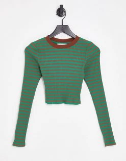 Urban Revivo Long Sleeve Stripe T-shirt In Green For Women