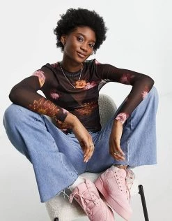 Urban Revivo Mesh Top In Floral Print For Women Brown Print