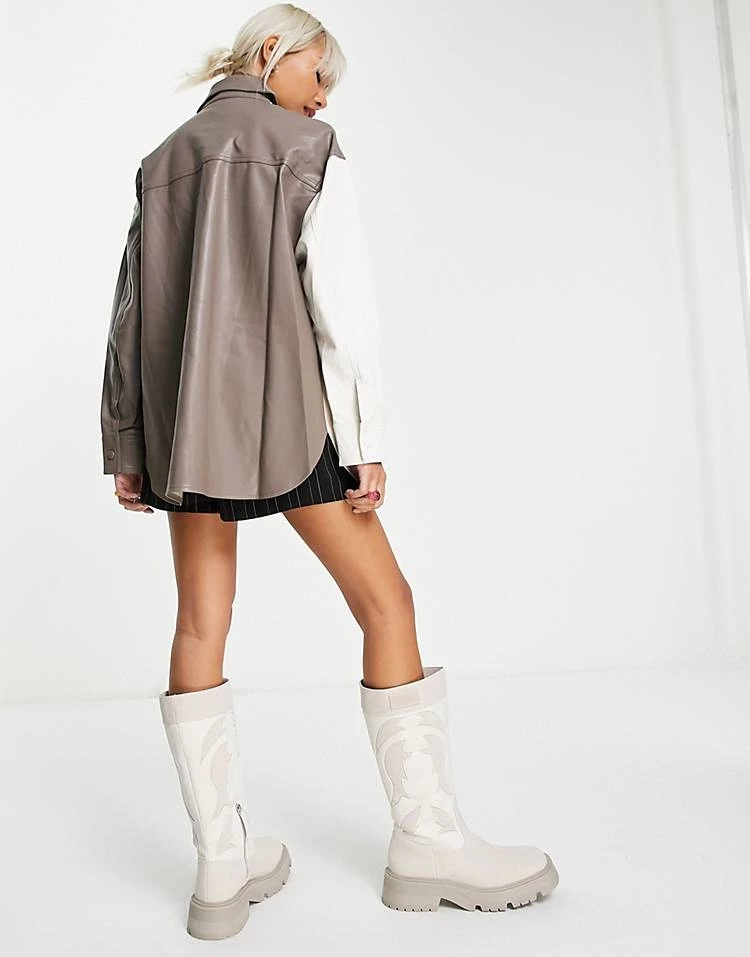 Urban Revivo Faux Leather Colour Block Shirt In Khaki For Women 4 Urban Revivo Faux Leather Colour Block Shirt In Khaki For Women - Image 2